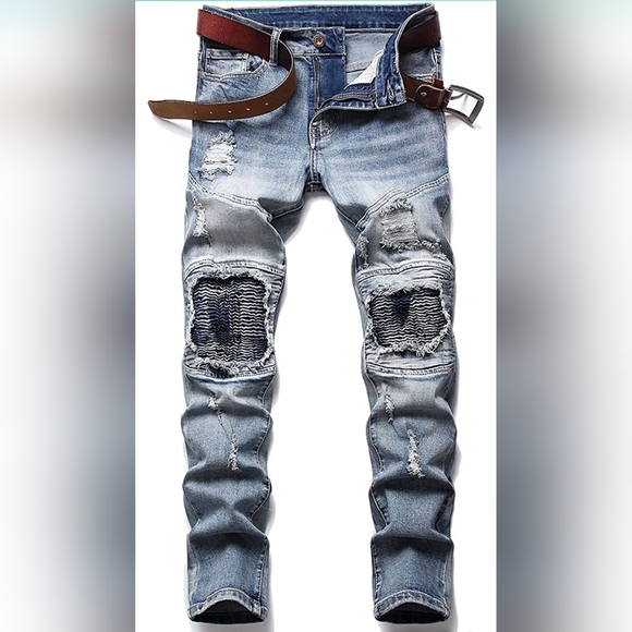 Mens Slim Fit Distressed Straight Leg Denim Jeans - Picture 1 of 5